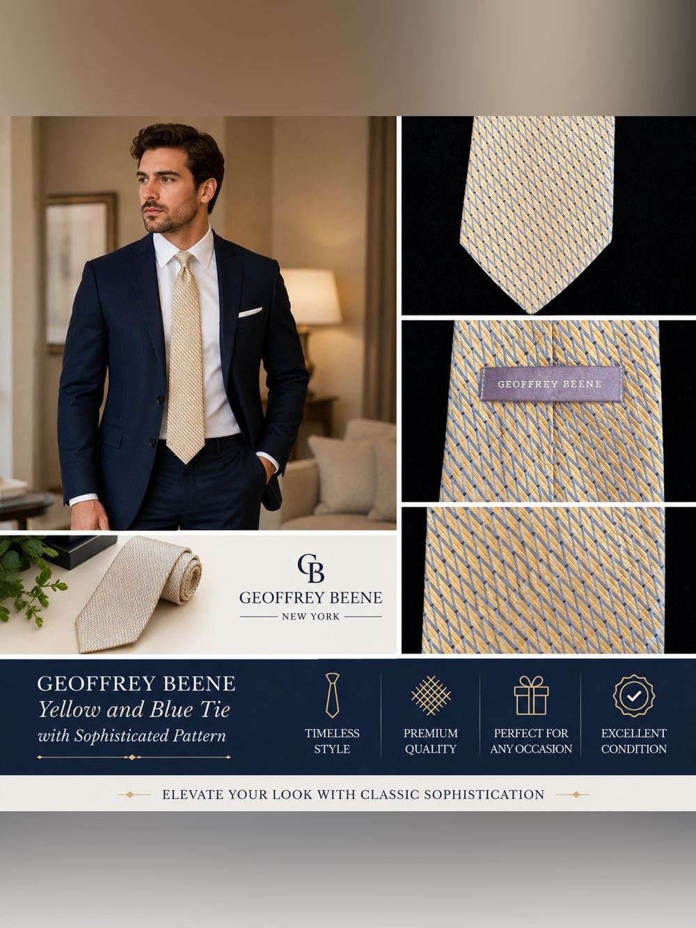 Geoffrey Beene Yellow and Blue Tie with Sophisticated Pattern